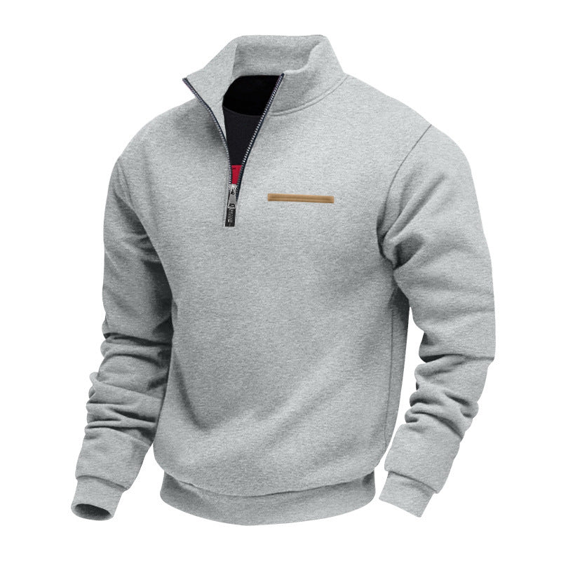 Herren nan Sweatshirt mit halbem Reißverschluss, Stehkragen und Brust-Welttasche EB