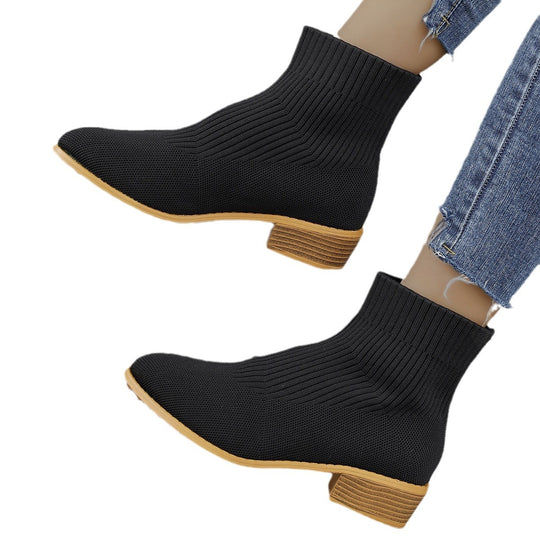 Damen nan gestrickte Sock-Ankleboots mit elastischem Schaft und niedrigem Holzblockabsatz EB