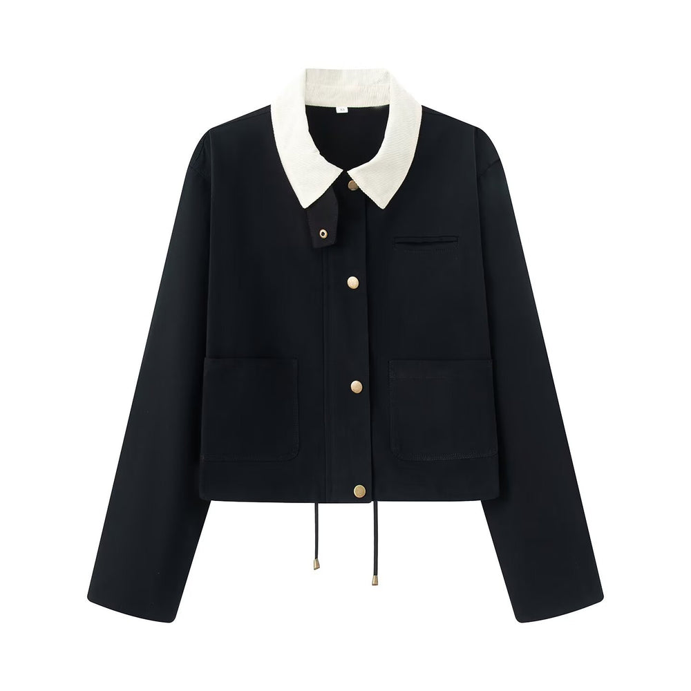 Damen lässige Jacke mit kontrastierendem Kragen und praktischen Taschen EB