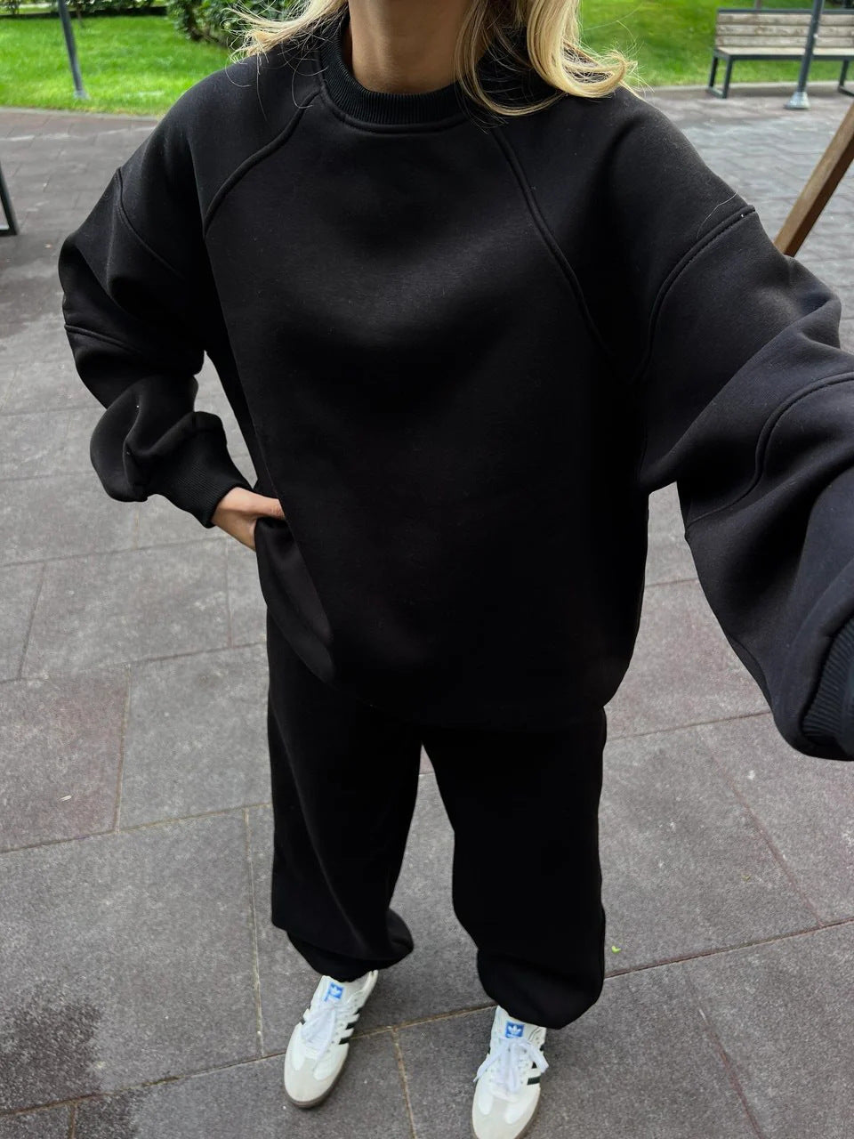 Damen Oversized Sweatshirt- und Palazzo-Jogginghose Set aus schwerem Baumwollfleece EB
