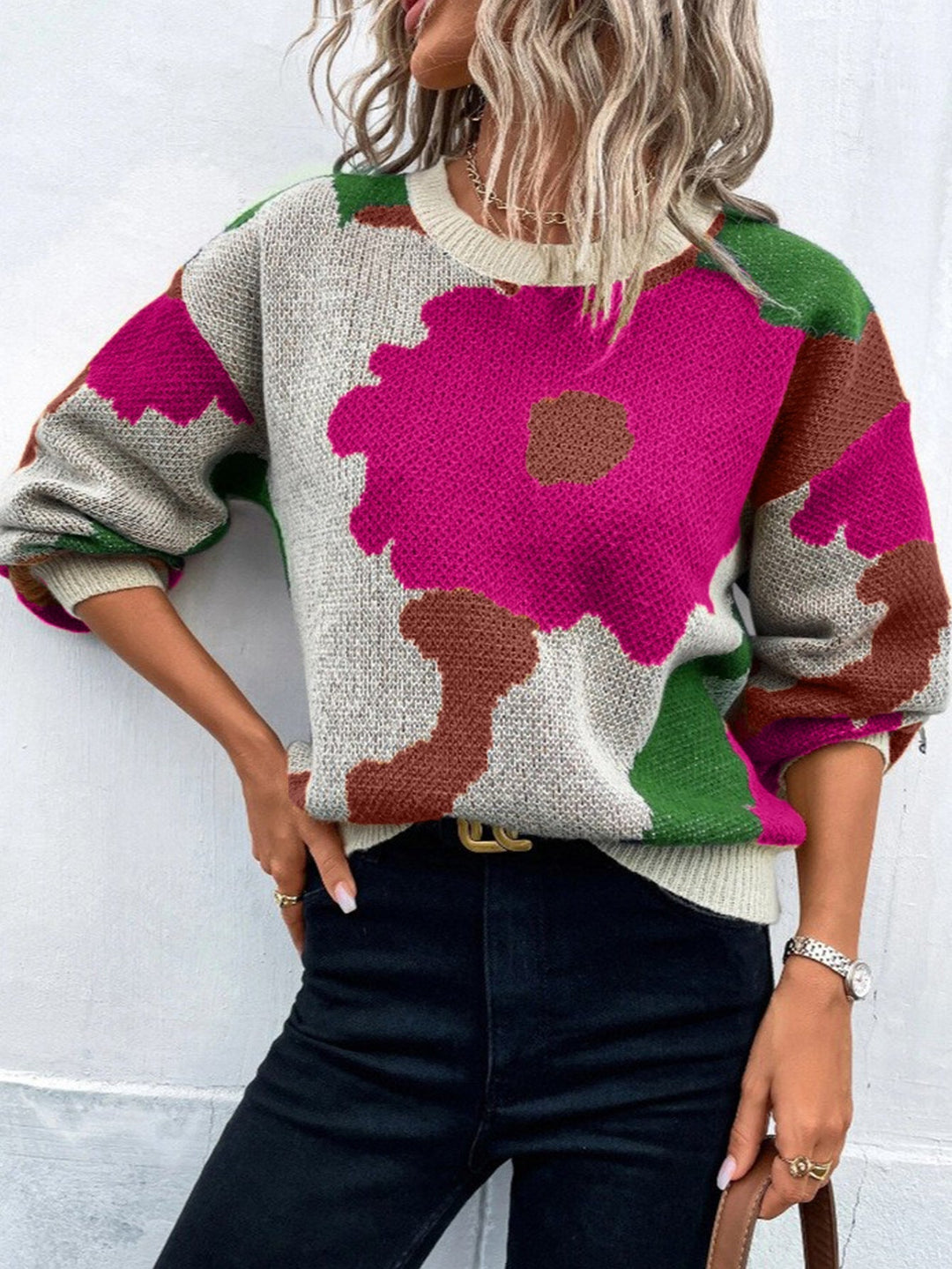 EB | Pullover Pullover Strickstoff Lockere Passform Rundhals Ballonärmel Gemustert
