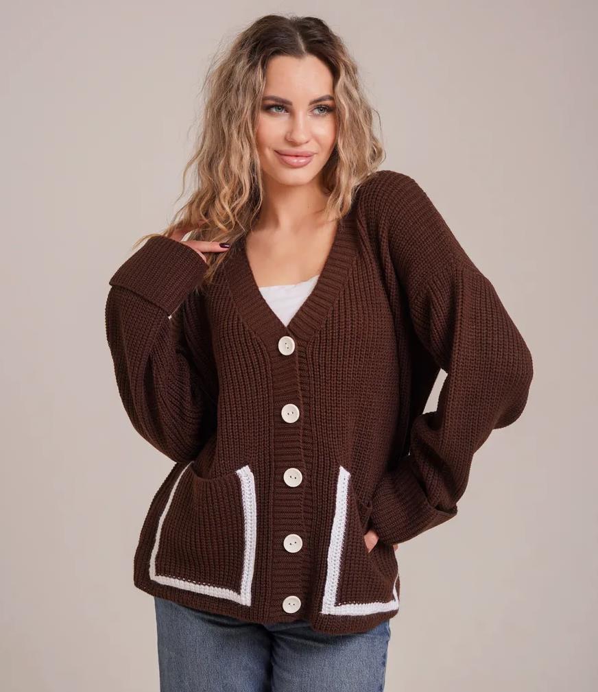 Damen Lässiger Strickcardigan mit tiefem V-Ausschnitt und praktischen Taschen EB