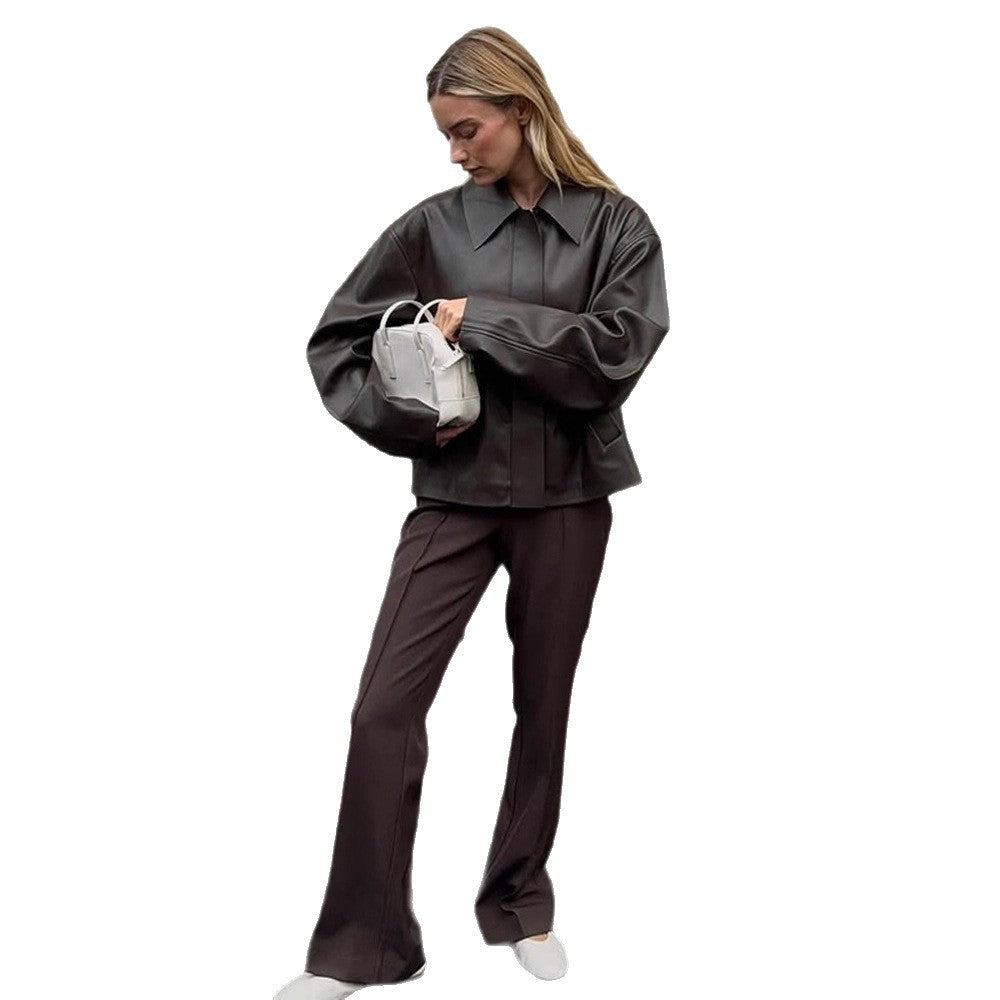 Damen modische Kunstlederjacke mit oversized Design EB