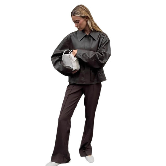 Damen modische Kunstlederjacke mit oversized Design EB