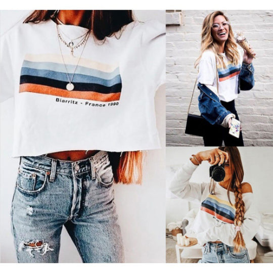 Damen Off-Shoulder Sweatshirt mit Retro-Bandprint und lockerer Cropped-Passform EB