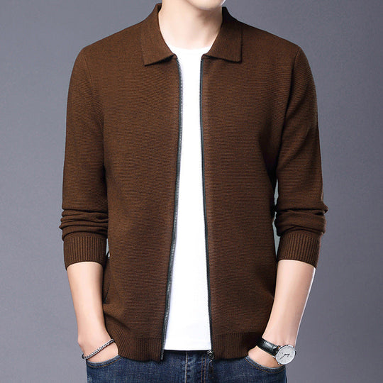 EB | Strickjacke Wolle Slim Fit Reißverschluss Klassischer Kragen Gerippter Saum