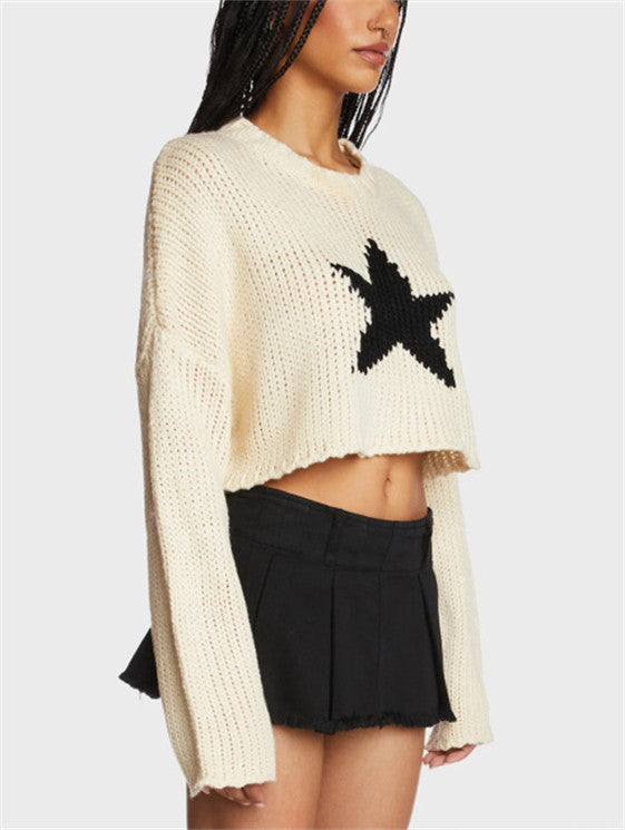 Damen modischer Grobstrickpullover mit trendy Sternenapplikation EB