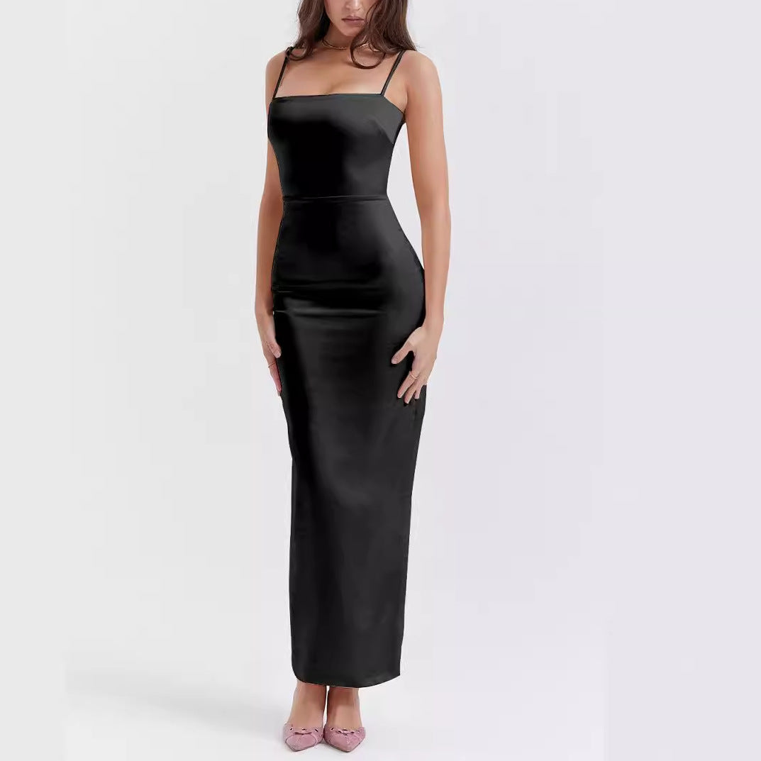 Damen Satin Maxikleid mit schulterfreiem Design und figurschmeichelndem Schnitt EB