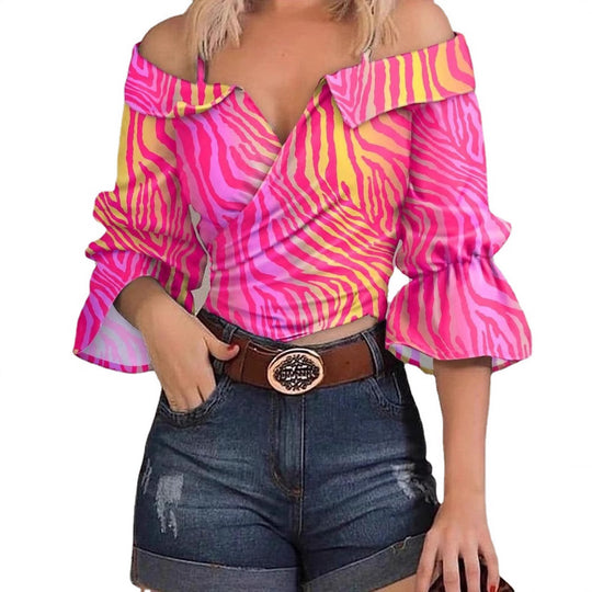 Damen modisches Oberteil mit voluminösen Ärmeln und Patchwork-Design EB
