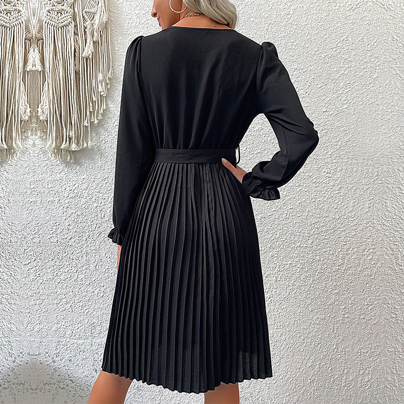 Damen Faltenrock-Kleid mit Knopfleiste und Gürtel EB