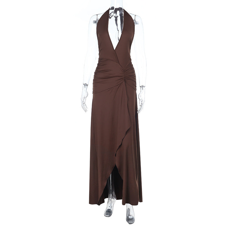 Damen Halter-Langkleid mit tiefem V-Ausschnitt und gerafftem Design EB