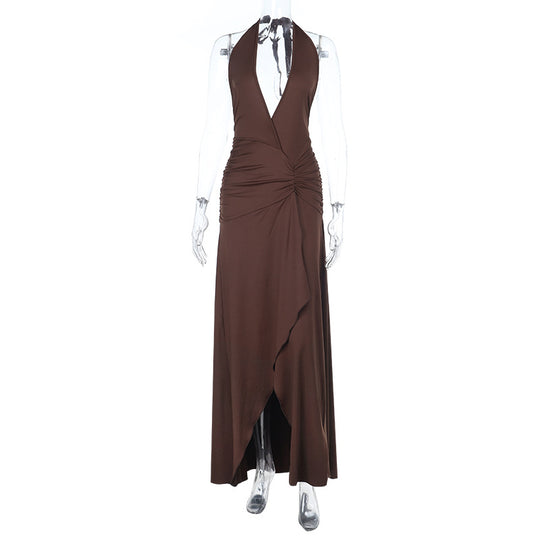 Damen Halter-Langkleid mit tiefem V-Ausschnitt und gerafftem Design EB