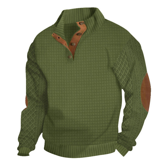 Herren nan Halbknopf-Stehkragenpullover mit Wabenstruktur und Lederbesatz EB