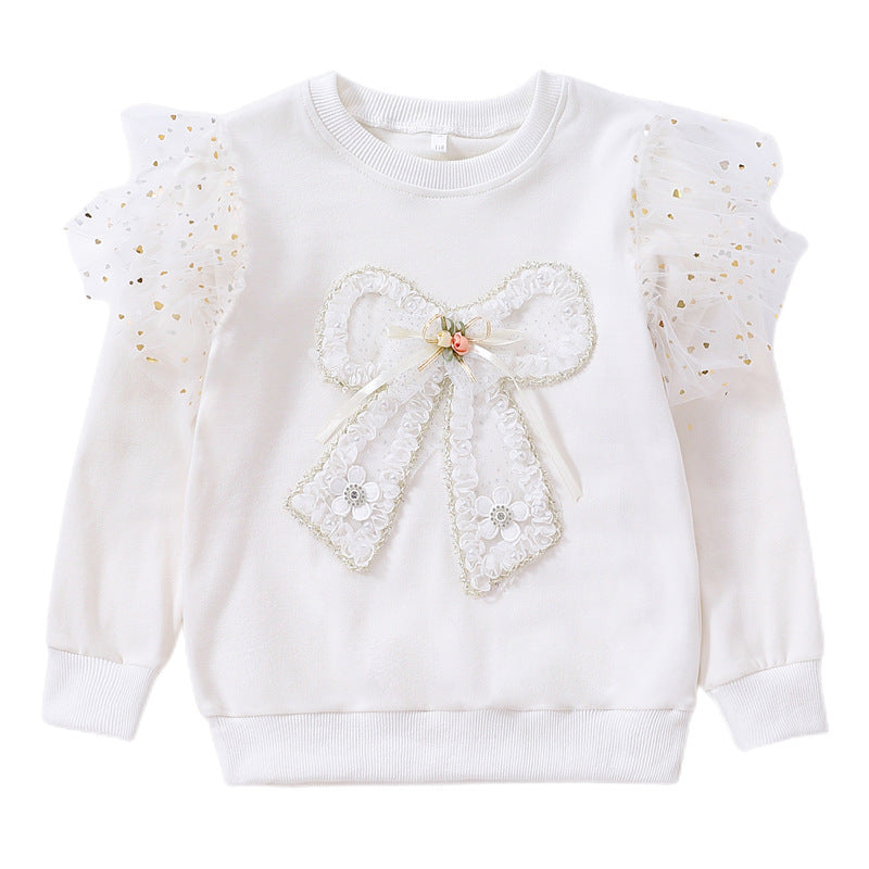 Mädchen modisches Sweatshirt mit transparenten Puffärmeln und Schleifendetail EB