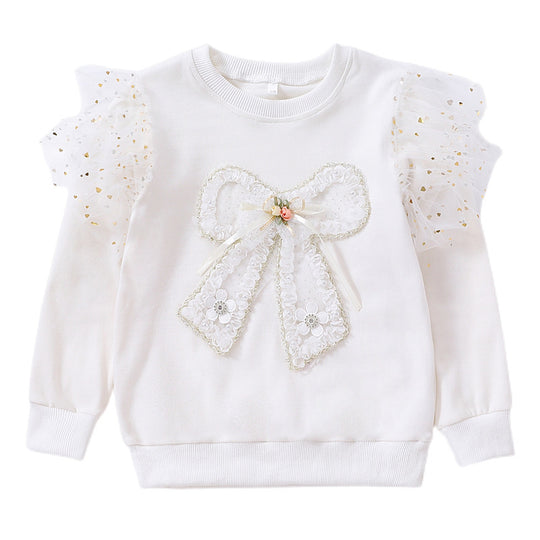 Mädchen modisches Sweatshirt mit transparenten Puffärmeln und Schleifendetail EB
