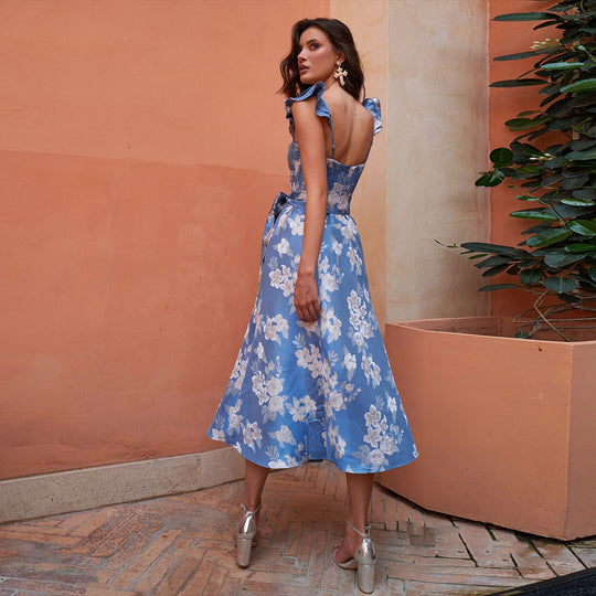 Damen Blumenkleid mit Taillengürtel und Rüschendetails EB