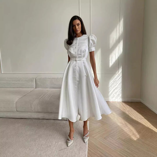 Damen Midi-Kleid mit Puffärmeln und schimmerndem Satin-Finish EB