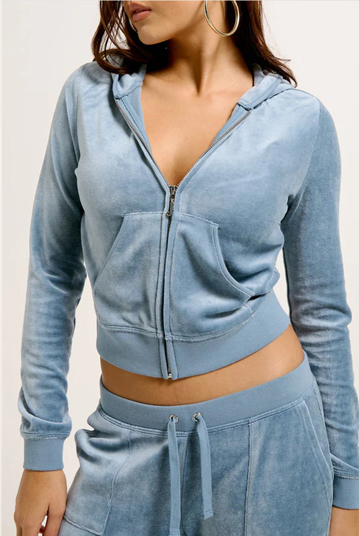 Damen Samtvelours Cropped-Zipjacke mit Kängurutasche und hochgeschnittener Bündchenhose Eichborn Berlin