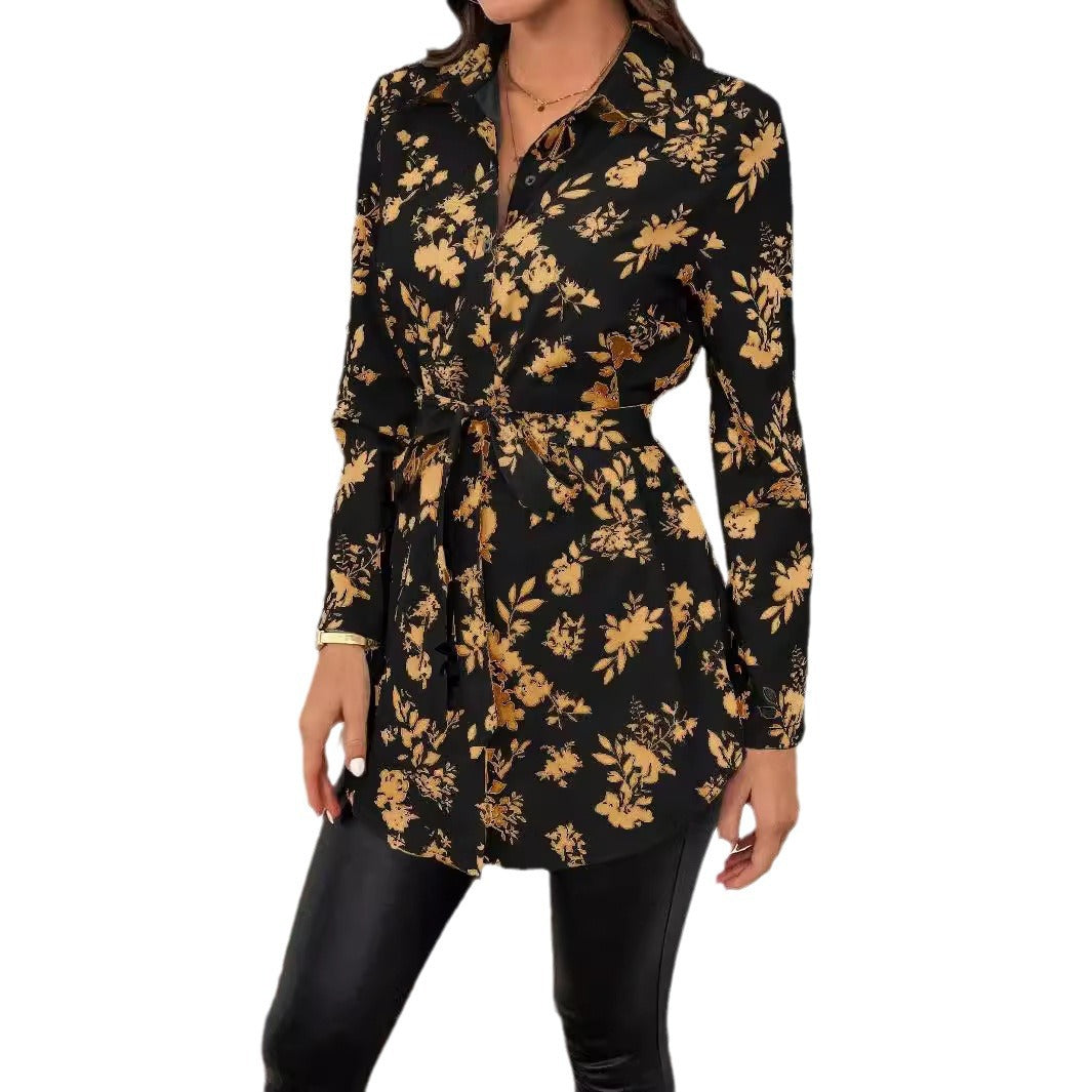 Damen lässige Bluse mit floralem Muster und Taillenknoten EB