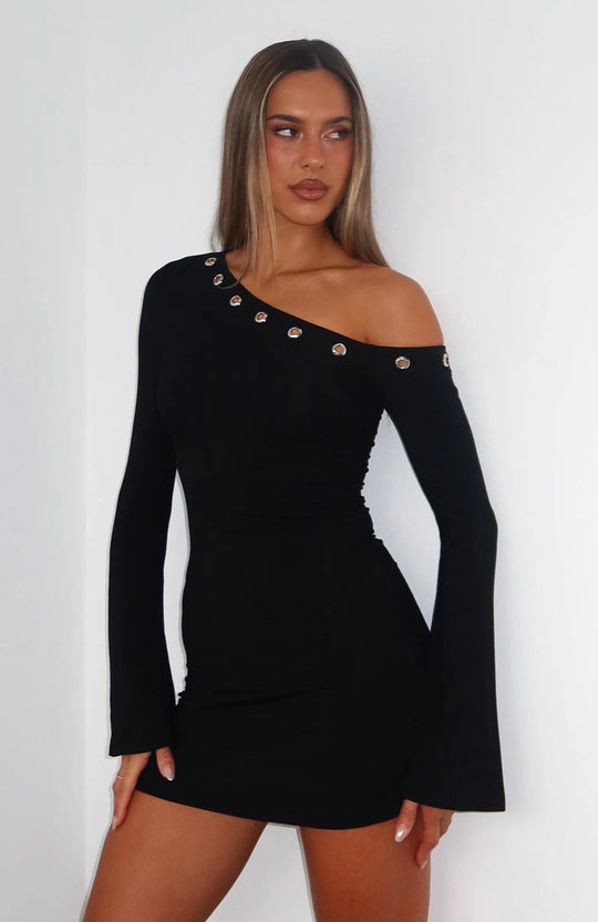 Damen Minikleid mit einseitigem Carmen-Ausschnitt und dekorativen Knöpfen EB