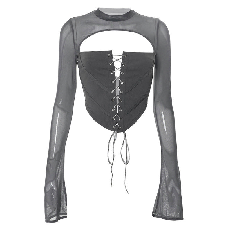 Damen Elegantes Oberteil mit geschnürter Front und transparenten Ärmeln EB