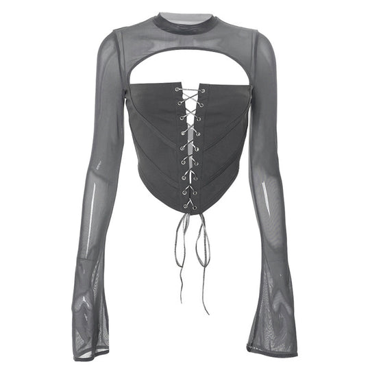 Damen Elegantes Oberteil mit geschnürter Front und transparenten Ärmeln EB