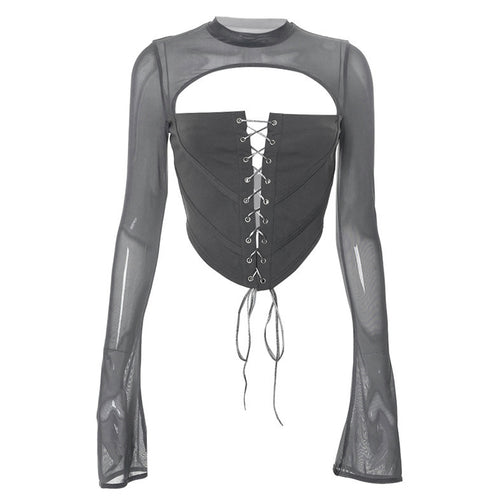 Damen Elegantes Oberteil mit geschnürter Front und transparenten Ärmeln EB