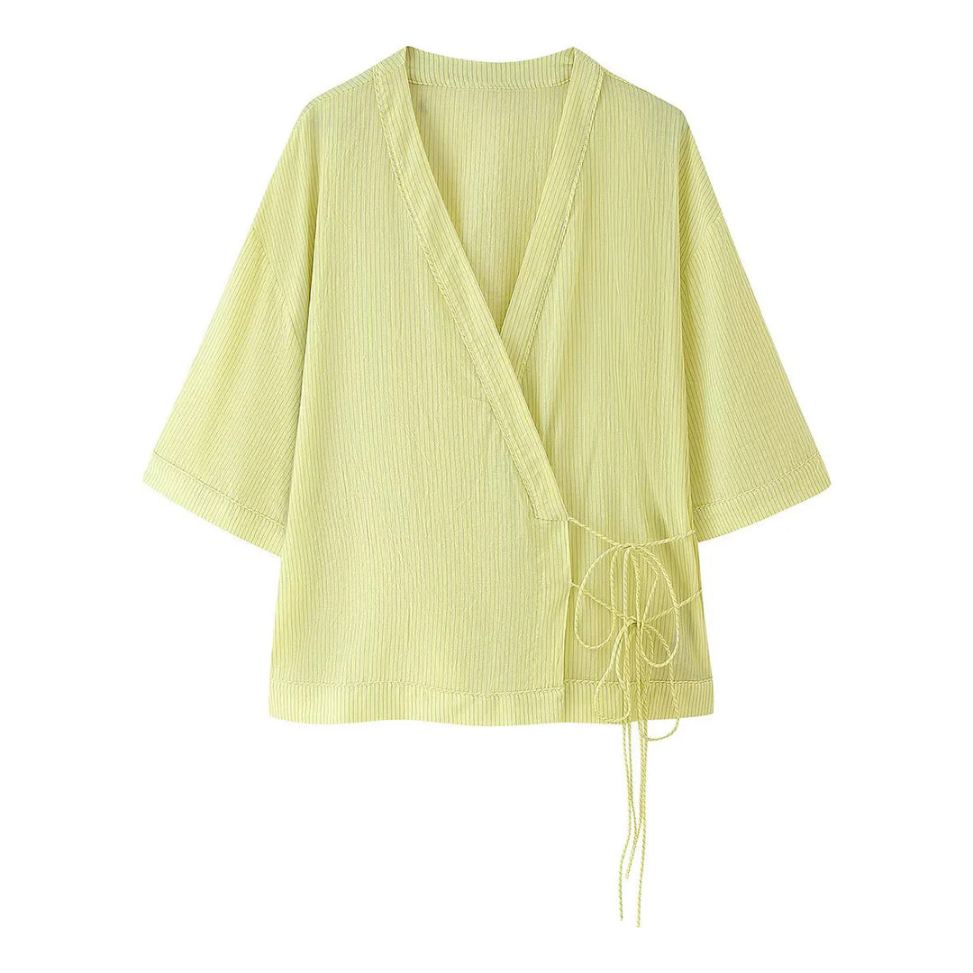 Damen lässige Wickelbluse mit dekorativem Bindeband EB