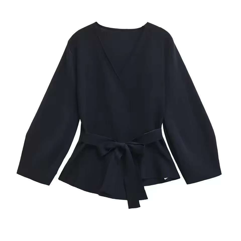 Damen Taillierte Bluse mit Wickelgürtel und Schößchen EB