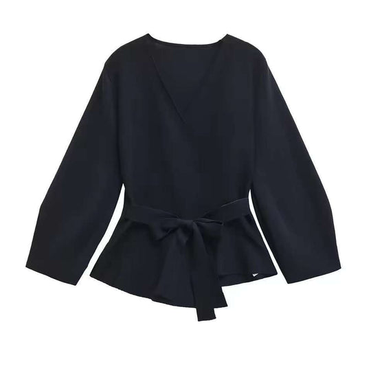 Damen Taillierte Bluse mit Wickelgürtel und Schößchen EB