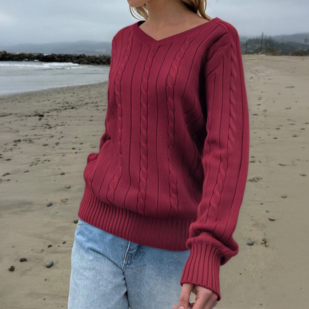Damen nan feiner Strukturstrick-Pullover mit V‑Neck, Zopfmuster und geripptem Saum EB