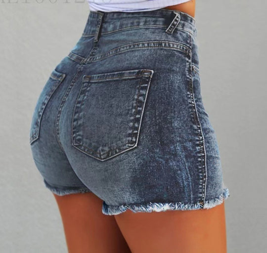 Damen Hochtaillierte Jeans-Shorts mit fransigem Saum EB