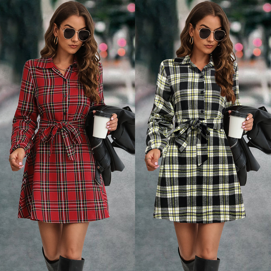 Damen Karohemdkleid mit Bindegürtel und langen Ärmeln EB
