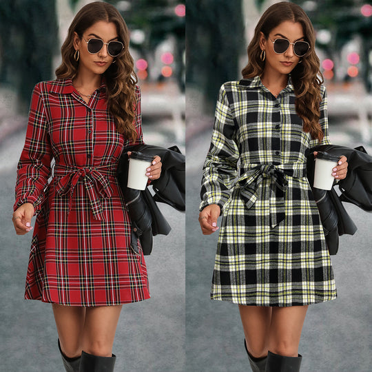 Damen Karohemdkleid mit Bindegürtel und langen Ärmeln EB