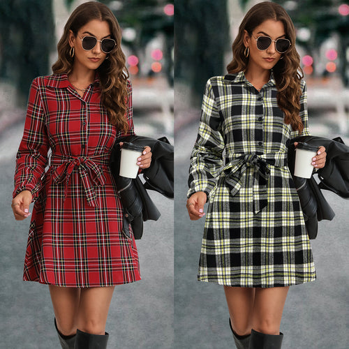 Damen Karohemdkleid mit Bindegürtel und langen Ärmeln EB