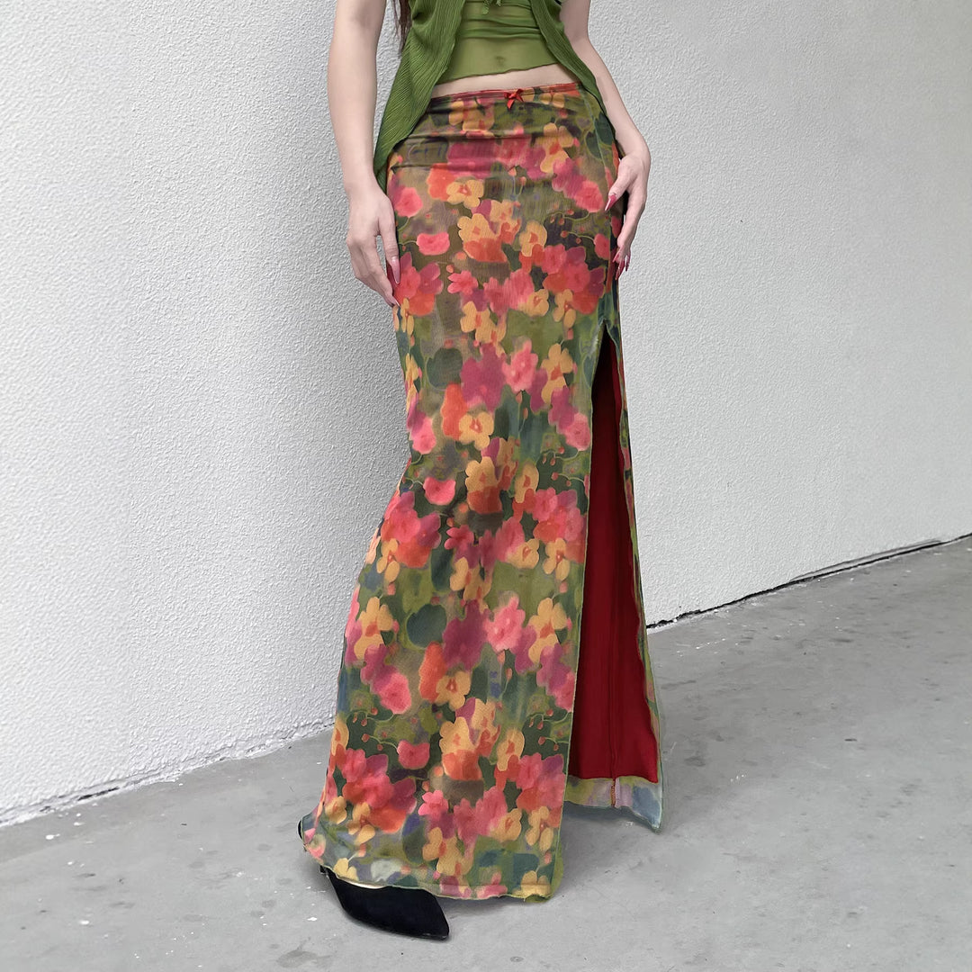 Damen Maxi-Rock mit floralem Chiffon-Design und seitlichem Schlitz EB