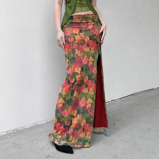 Damen Maxi-Rock mit floralem Chiffon-Design und seitlichem Schlitz EB