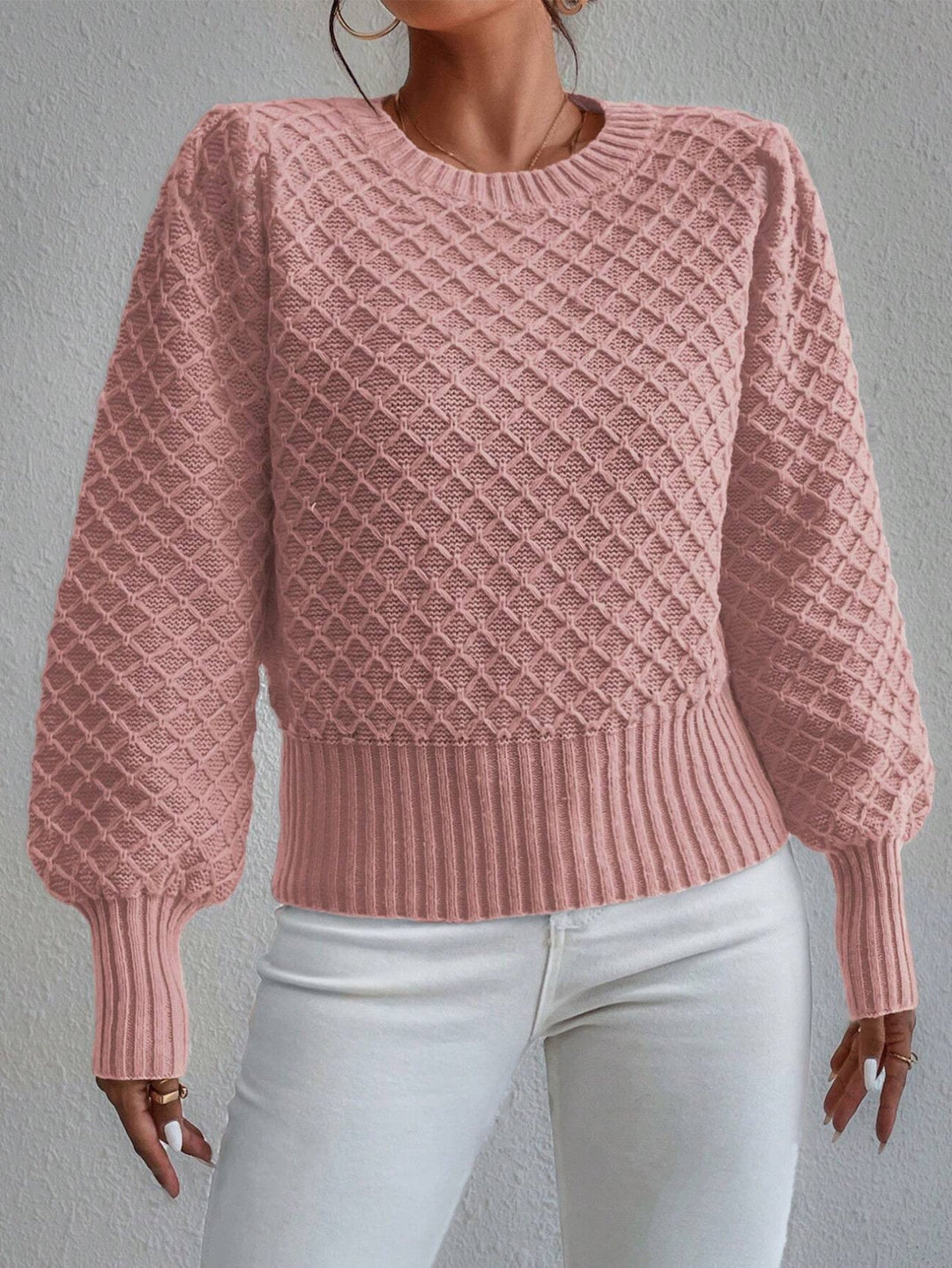 EB | Pullover Sweatshirt Wollmischung Relaxed Fit Gestepptes Muster Rundhalsausschnitt
