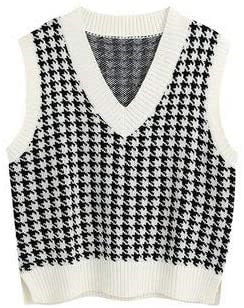 Damen ärmellose Strickweste mit modernem Hahnentrittmuster EB