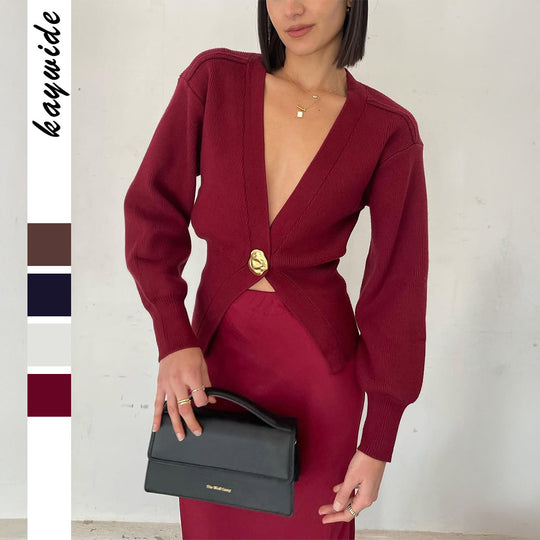 Damen nan taillierter Kurzcardigan mit tiefem V-Ausschnitt und dekorativem Zierknopf EB