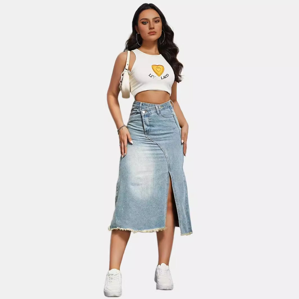 Damen Jeansrock mit seitlichem Schlitz und fransigem Saum EB