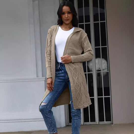 Damen Strickmantel mit Kapuze und dekorativem Zopfdesign EB