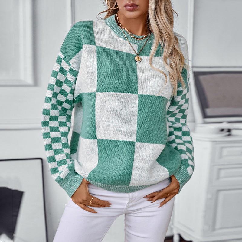 Damen modischer Pullover mit Karomuster und lässigem Schnitt EB