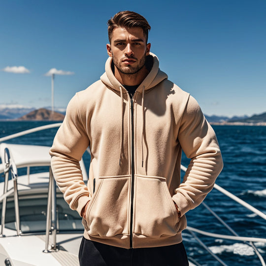 Herren gemütlicher Kapuzenpullover mit Reißverschluss und Taschen EB