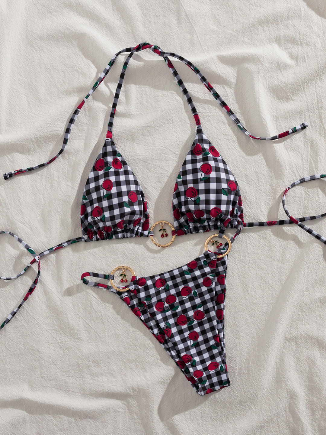 Damen Triangel-Bikini mit verspieltem Karomuster und fruchtiger Applikation EB