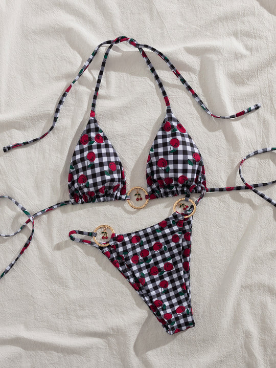 Damen Triangel-Bikini mit verspieltem Karomuster und fruchtiger Applikation EB