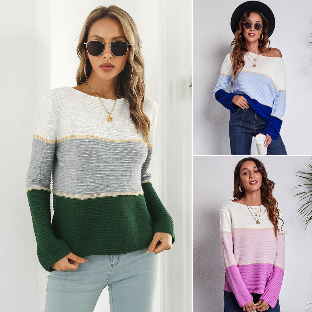 Damen Off-Shoulder Strickpullover mit modernen Farbblock-Design EB