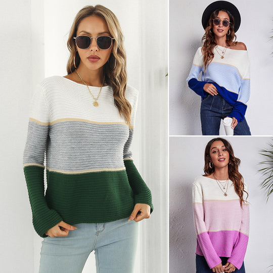 Damen Off-Shoulder Strickpullover mit modernen Farbblock-Design EB