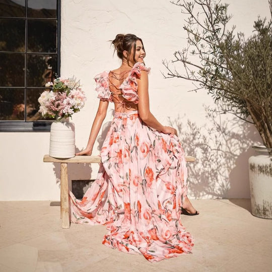 Damen Maxi-Kleid mit floralen Rüschen und schwingendem Design EB
