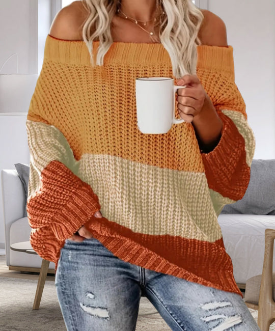Damen Lässiger Overzise-Strickpullover mit Off-Shoulder-Ausschnitt und angesagtem Farbblockdesign EB